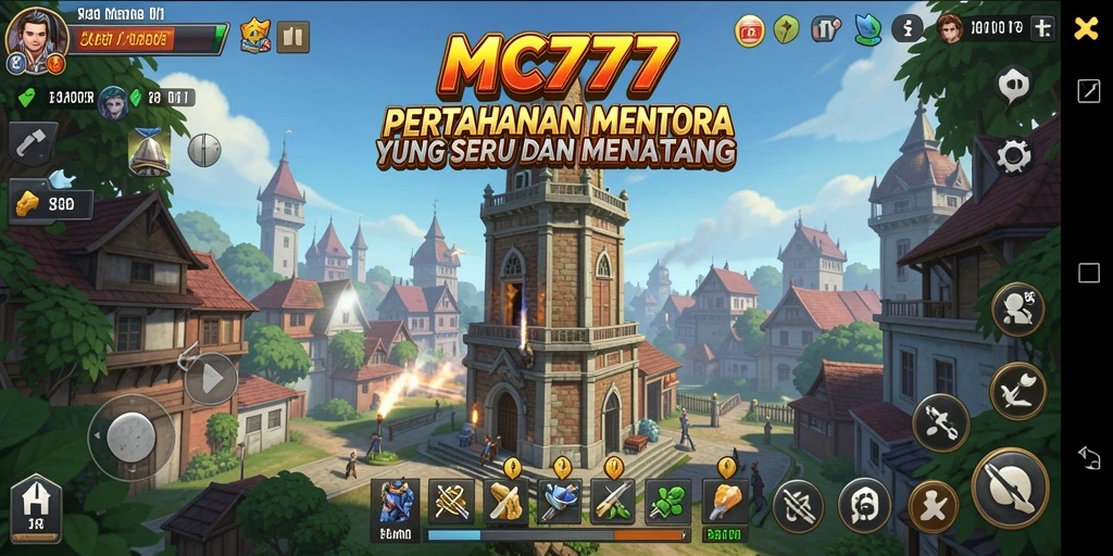 Screenshot gameplay <strong>MC777</strong> menampilkan strategi menara pertahanan yang mendebarkan.