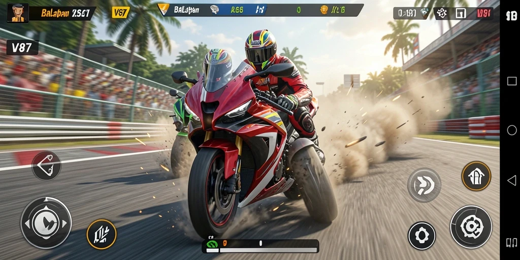 Screenshot utama V87 menampilkan aksi balapan motor yang mendebarkan.